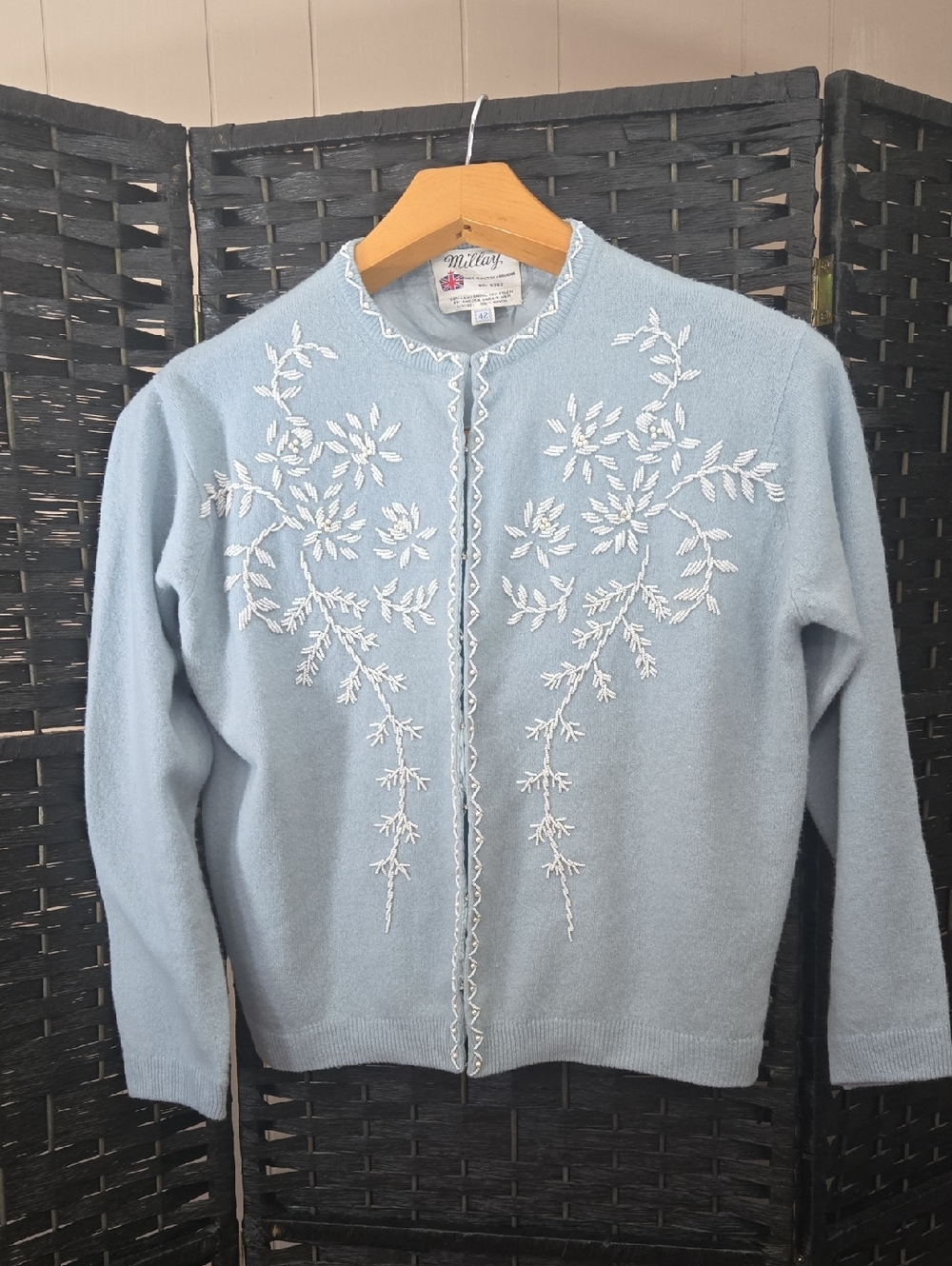 Vintage Millay Light Blue Cardigan with White Floral Bead Work Lambswool Size 42
